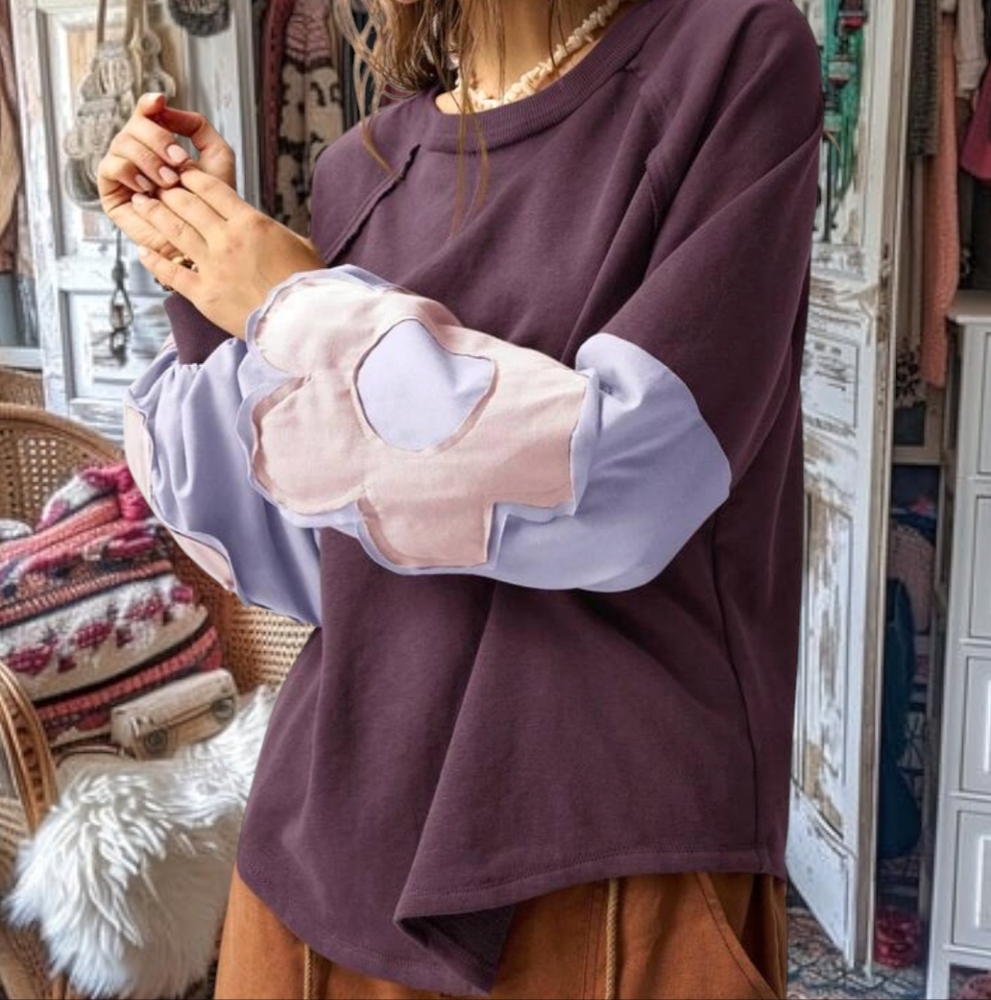 POL boho sweatshirt lightweight Women's Purple and Pink Patchwork Top blouse L/X